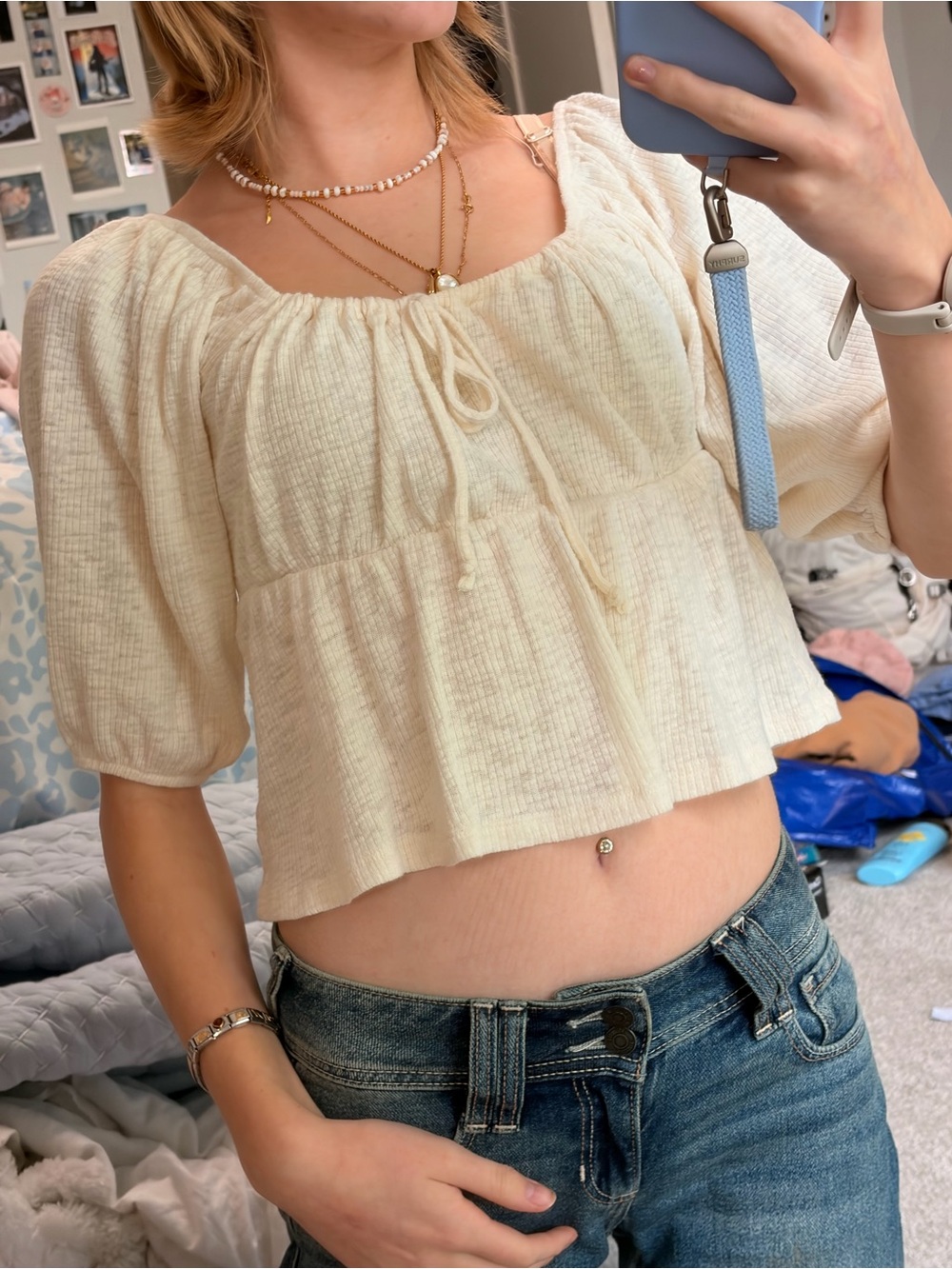 American Eagle Outfitters Cream Peasant Tie-Front Crop Top
